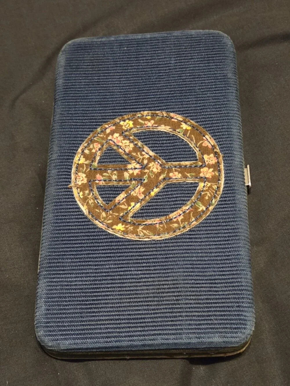 Vintage Corduroy Blue Peace Floral Hard Case Wallet 7 x 3.75 x .5